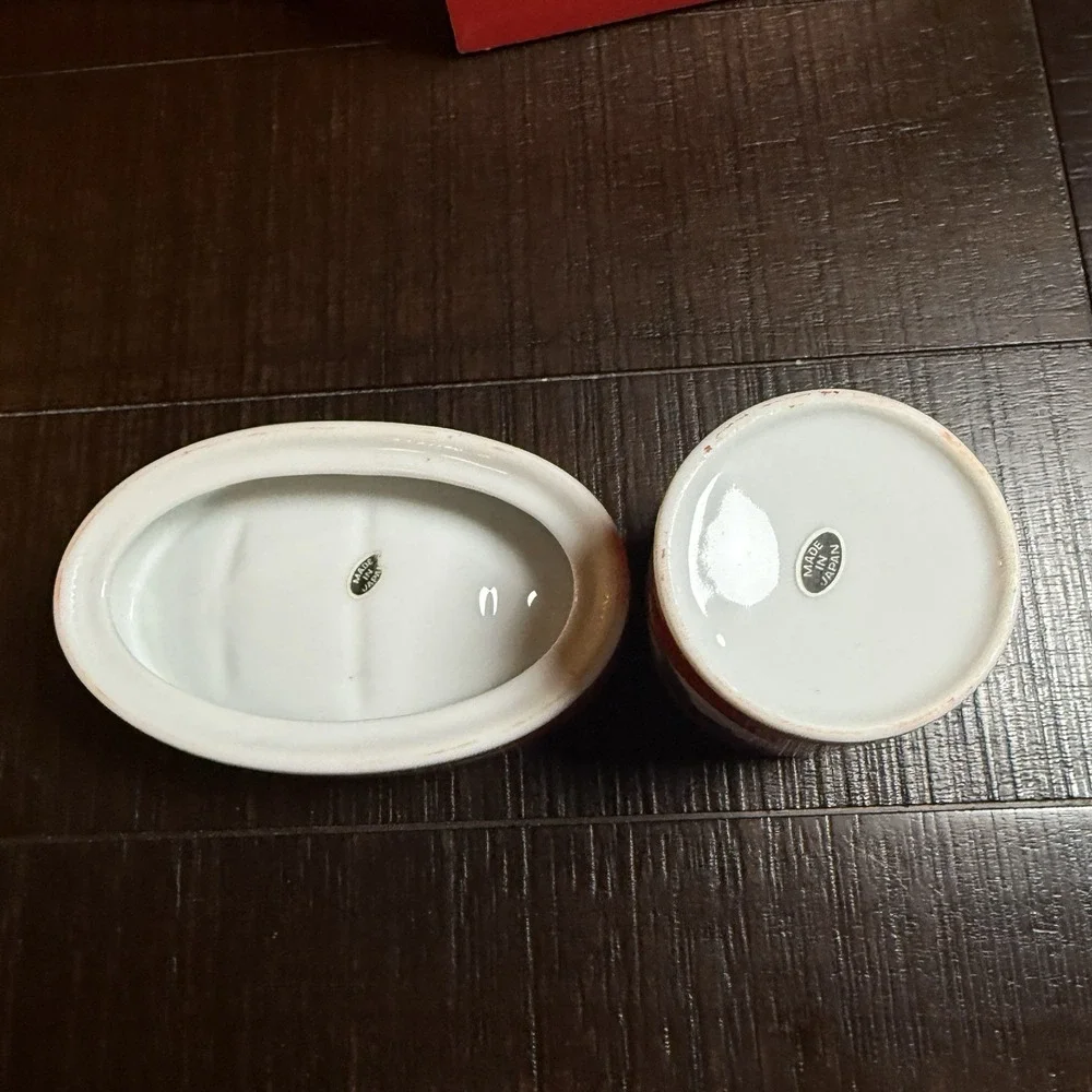 Vintage Christmas Geese Wreaths Soap Dish & Cup Bathroom Set Red Porcelain Japan